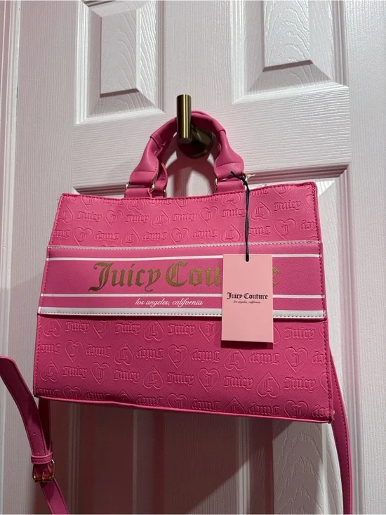 BNWT JUICY COUTURE Pink White Billboard Satchel Tote with Crossbody Strap