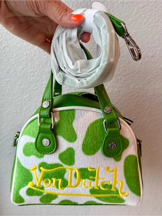 Von Dutch Green & White Cowhide Mini Satchel with Yellow Logo