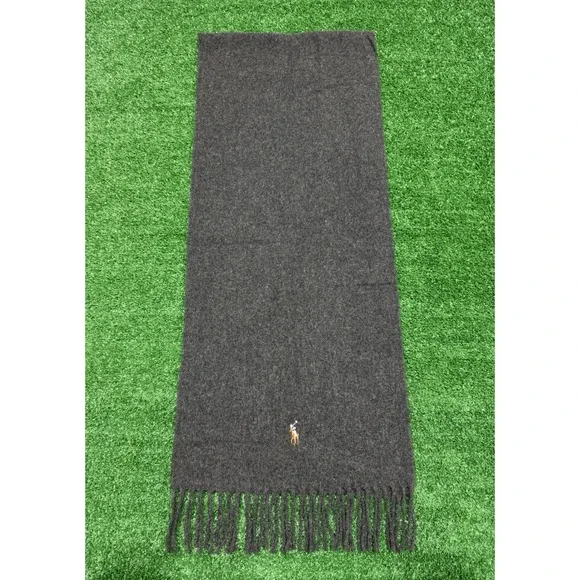 Polo Ralph Lauren Italy Charcoal Grey Wool/Cashmere Fringe Scarf Polo Pony Logo