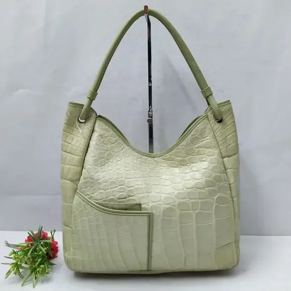 Mauro Governa Green Leather Crocodile Embossed Satchel Shoulder Bag