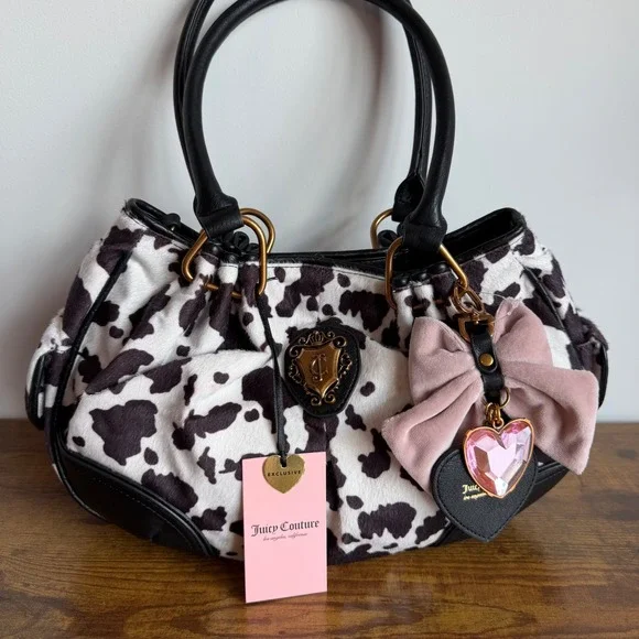 New Juicy Couture Romance Cow Satchel Shoulder Handbag Black Pink Bow Y2K Cute