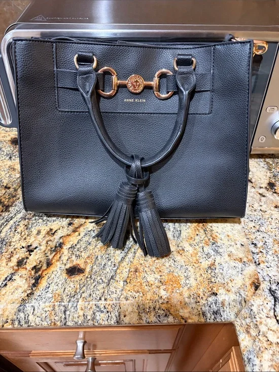Anne Klein Black Pebble Leather Satchel with Tassels and Gold Hardware
