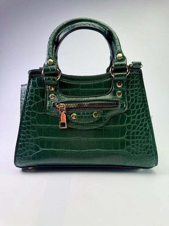 Women’s Green Faux Croc Embossed Satchel Crossbody Handbag Gold Toned Hardware