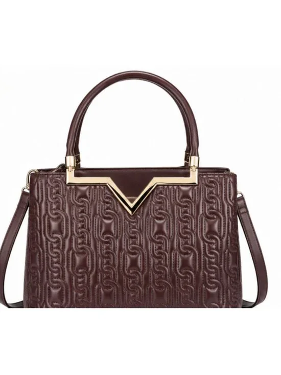 Chocolate Brown Embossed Top Handle Satchel Convertible Shoulder Bag