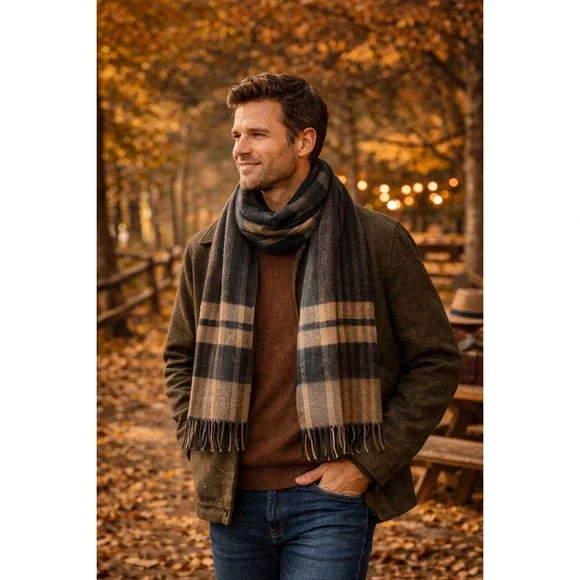 100% Cashmere Club Room‎ Plaid Scarf Black Brown Tan Fringed Soft Warm Luxury