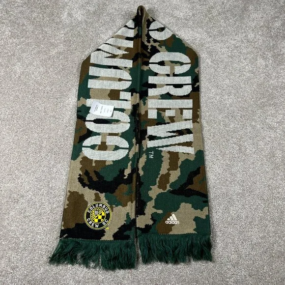 Adidas Unisex OSFA Beige Green Camo Winter Fringe Columbus Crew FC MLS Scarf NWT