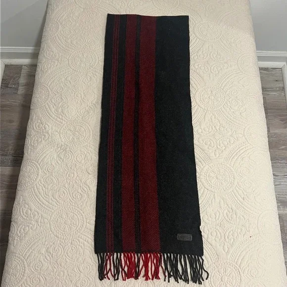 Coach Scarf 100% Wool Knit Red Black Striped Preppy‎ Fringe Logo Patch *FLAW