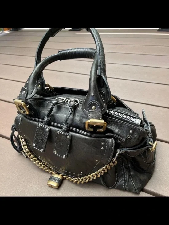 Chloe Black Leather Satchel with Brass Chain Detail