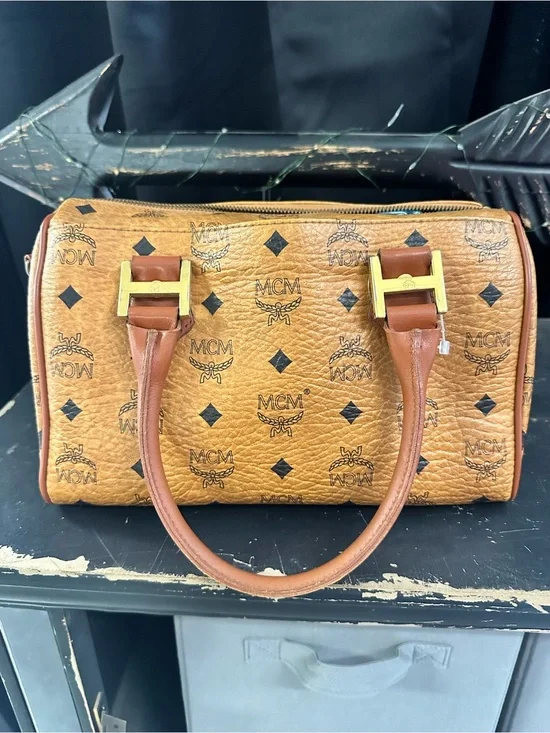 MCM Cognac Coated Canvas Monogram Satchel with Gold Hardware