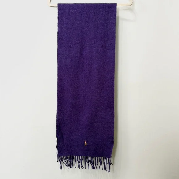 Vintage Polo Ralph Lauren Purple 100% Lambs Wool Fringe Scarf 11.5x59 *flaw‎