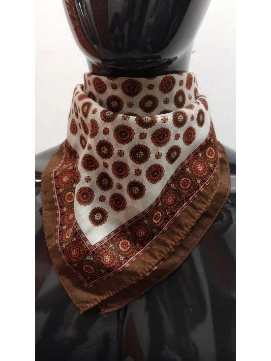 Vintage 60s Scarf Mid Century Brown Shades Floral Circles Nylon Rayon Made Japan