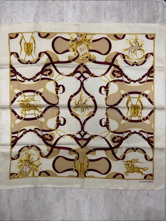 Burberry Cream, Burgundy and Gold Equestrian Silk Scarf