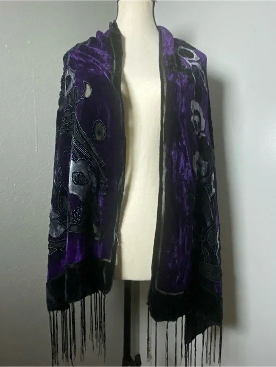 Vintage Purple & Black Velvet Floral Sheer Panel Fringe Scarf