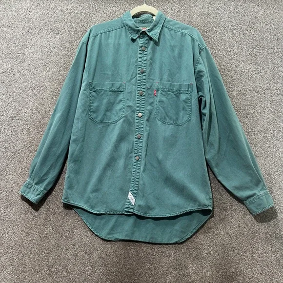 Levi Strauss Mens Long Sleeve Button Down Shirt Teal Green Cotton Twill XL