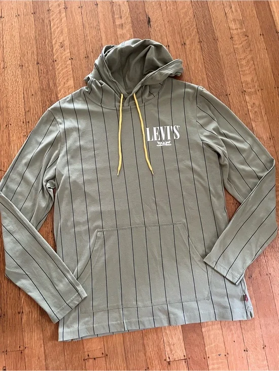 Levi's Olive Green Pinstripe Hooded Pullover with Yellow Drawstrings