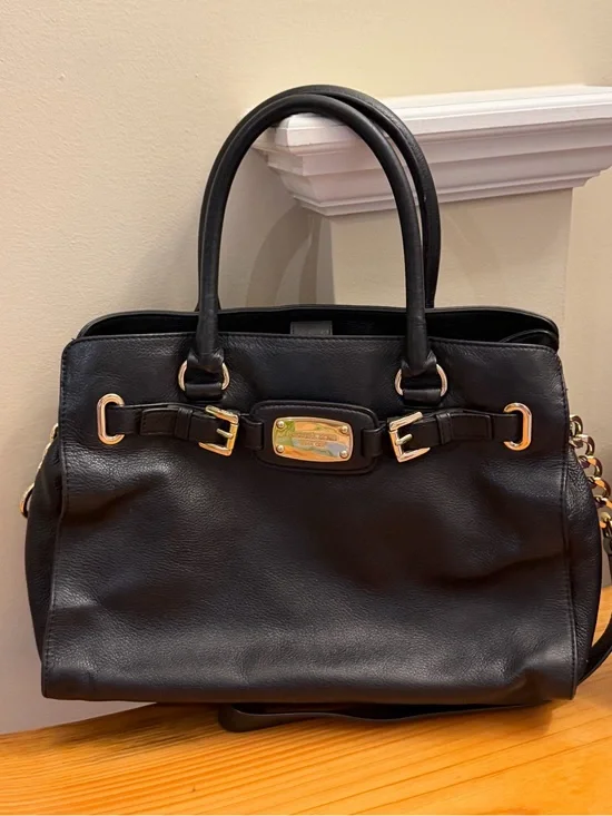 Authentic Michael Kors Black Leather Satchel Handbag / Crossbody Gold Hardware