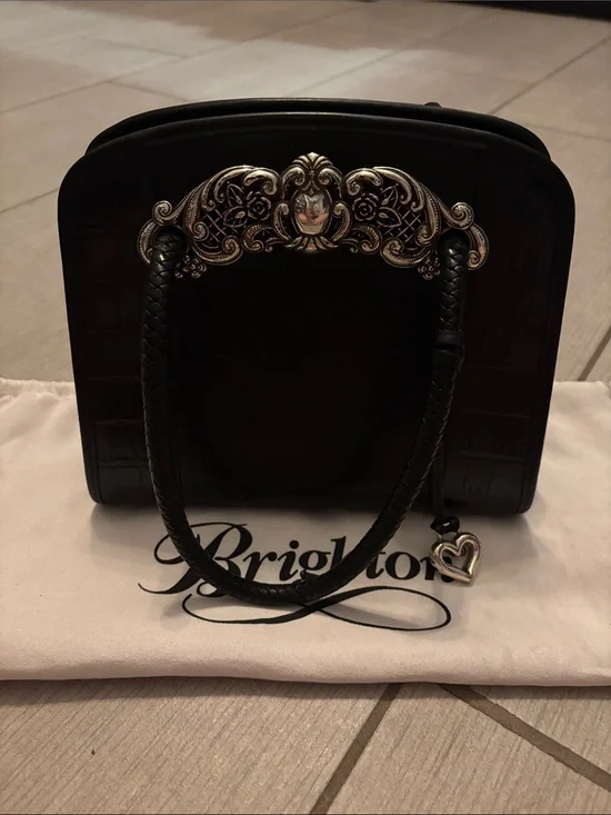 Brighton Black Croc-Embossed Satchel with Silver Filigree Hardware