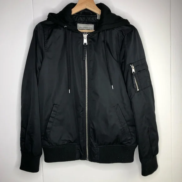 Levis Bomber Jacket Hoodie Mens Sz S Black Softshell Full Zip Hooded Quilt Lined