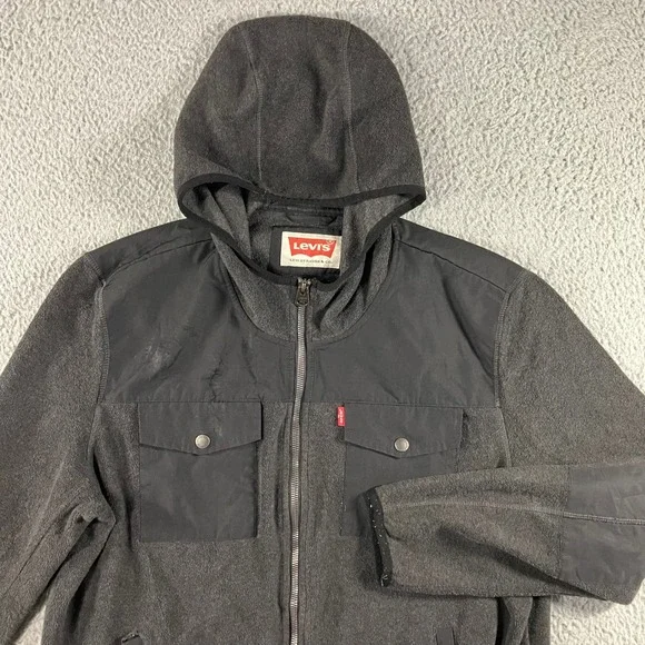 Levis Fleece Hoodie Men L Charcoal Grey Full‎ Zip Nylon Overlay Jacket Outdoor