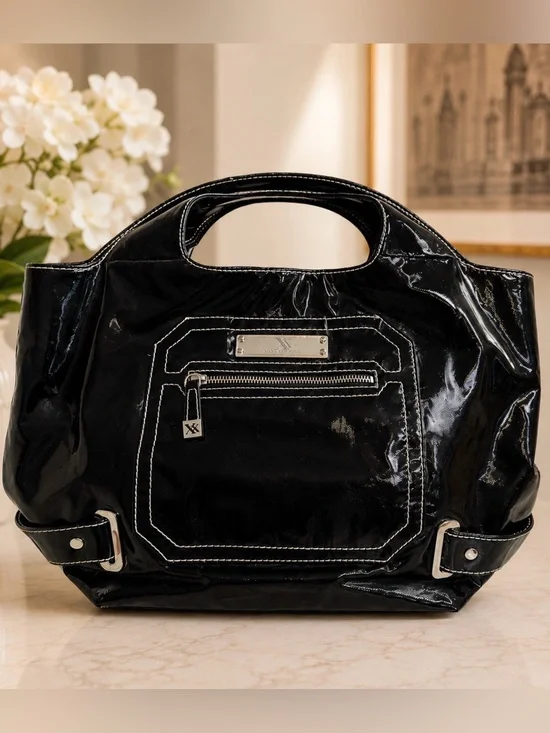 Maxx New York Black Patent PVC Tote Shoulder Bag White Contrast Stitch Y2K