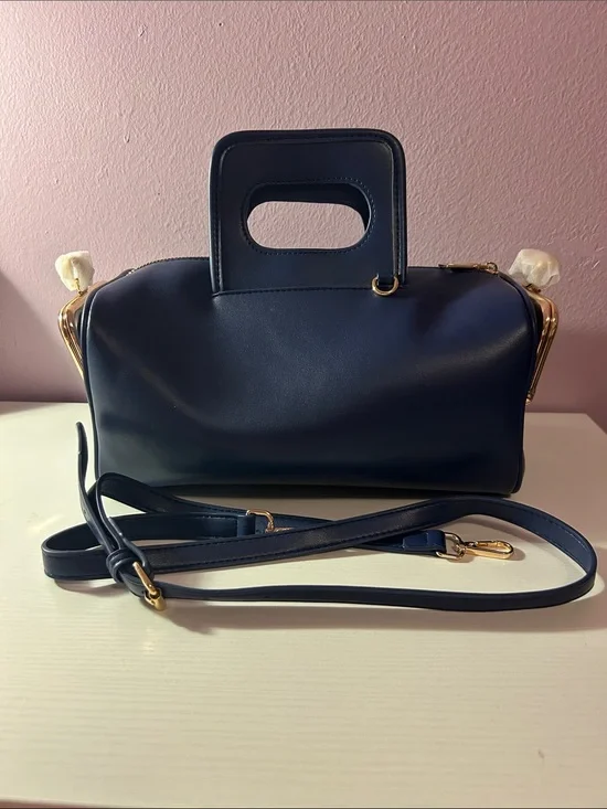 Navy PU Leather Top-Handle Satchel with Gold Hardware