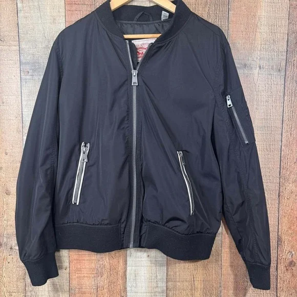 Levi Strauss Mens MA1 Satin Black Full Zip Bomber Jacket XXL Flight Gorpcore
