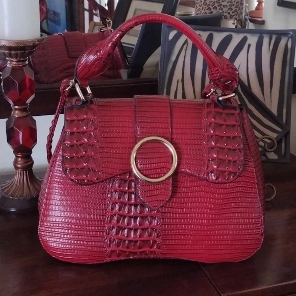 Deep Cranberry Red Croc Embossed Designer Like Handle Crossbody Bag
