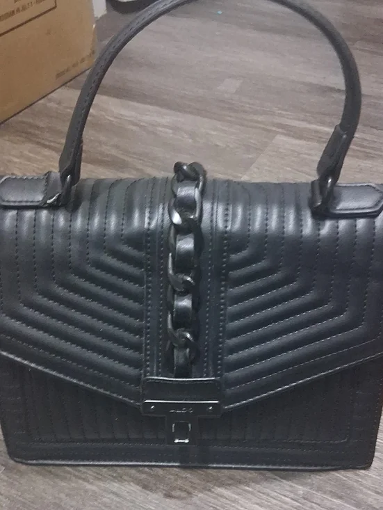 Aldo Black Quilted Top-Handle Satchel with Chain Detail