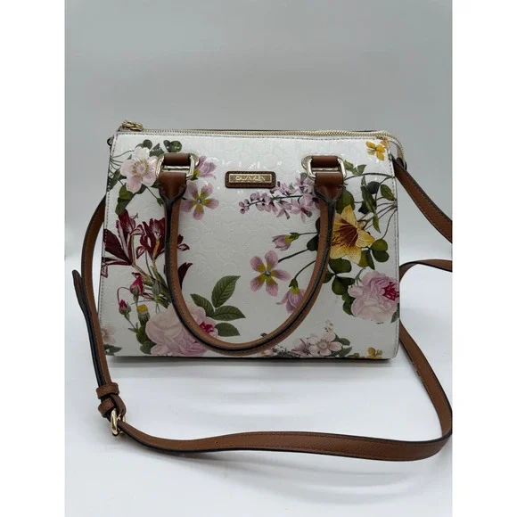 Calvin Klein Floral Logo Satchel Handbag White Crossbody Bag Gold Hardware