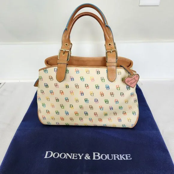 Dooney & Bourke Cream Multicolor Logo Satchel with Tan Trim