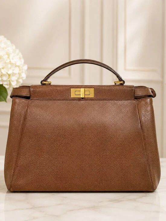 Fendi Peekaboo Large Tan Textured Leather Top Handle Bag Strap Gold Hardware