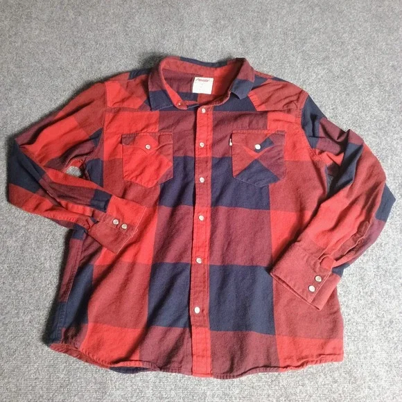 Levis Mens XL Red Navy Buffalo Plaid Snap Front Flannel Shirt Long Sleeve