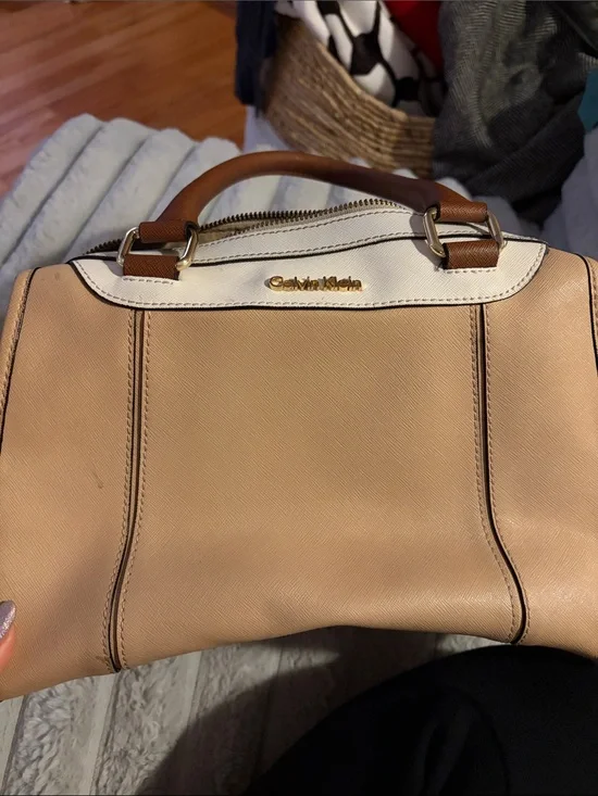 Calvin Klein Two-Tone Beige and White Leather Satchel with Brown Handle