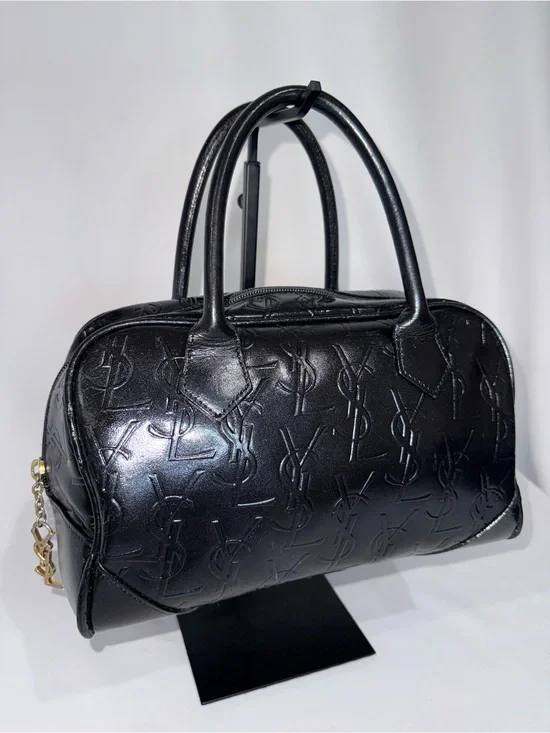 Saint Laurent Black Embossed Leather Satchel with Gold Hardware