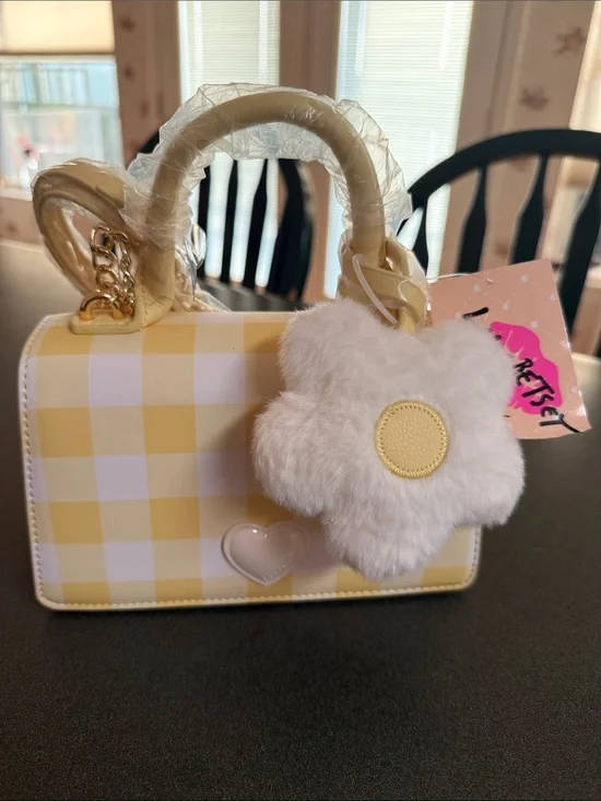 Yellow Gingham Mini Handbag with Fuzzy Flower Charm Crossbody/Satchel