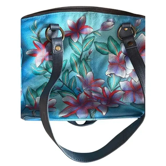 Anuschka Floral Hand Painted Leather Purse Handbag Blue