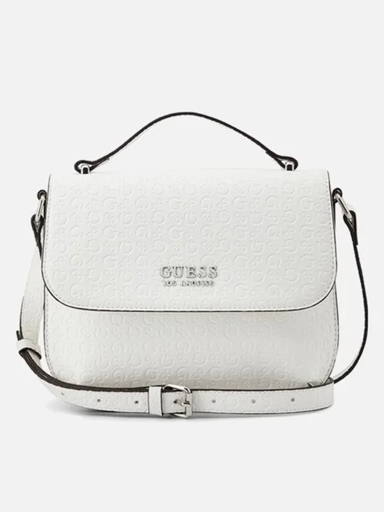 GUESS White Embossed Top-Handle Satchel with Crossbody Strap