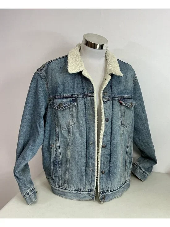 Levis Sherpa Lined Trucker Jean Jacket Blue Button Pockets Denim Mens XL