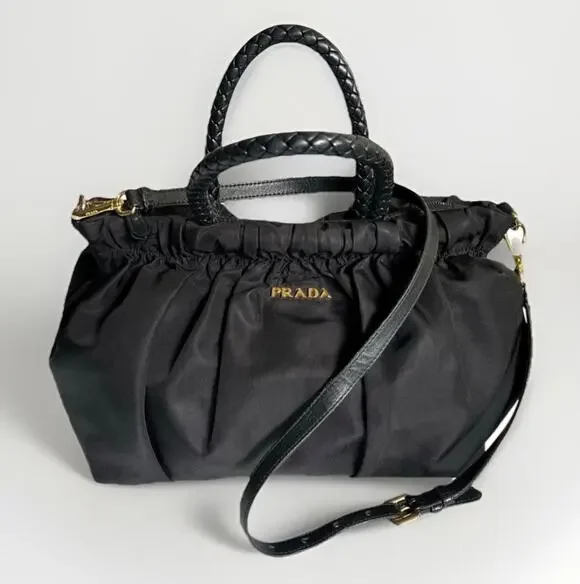 PRADA Authentic Tessuto Gaufre Ruched Nylon Satchel Handbag Black Gold Crossbody