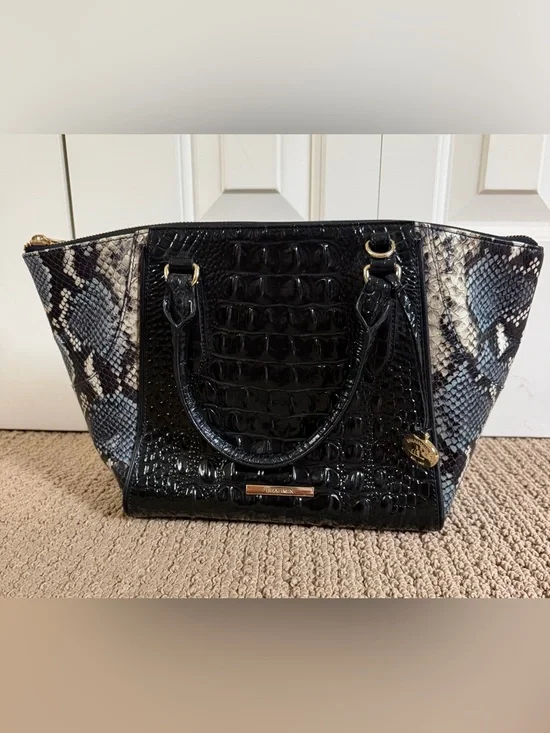 Brahmin Camila Tote Black Blue Carryall Leather Bag Purse Dust Bag Large Handbag