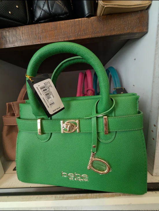 bebe Bright Green Textured Satchel with Gold Accents
