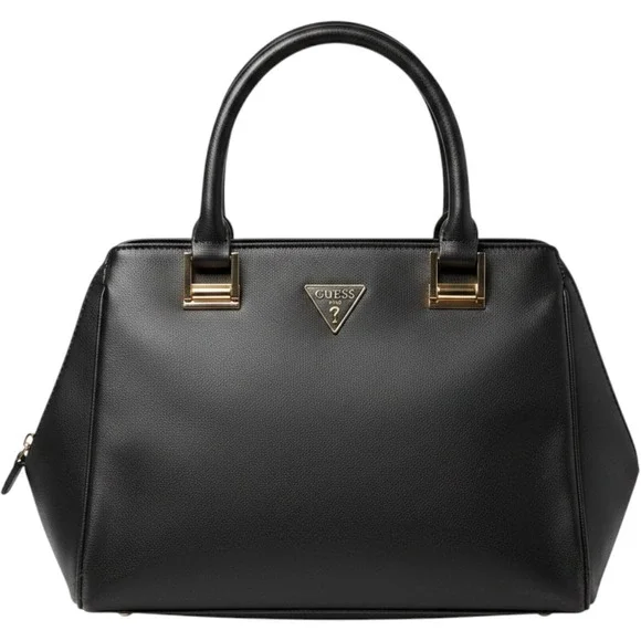 GUESS Black Faux Leather Satchel Handbag Gold Tone Hardware Logo Top Handle Bag