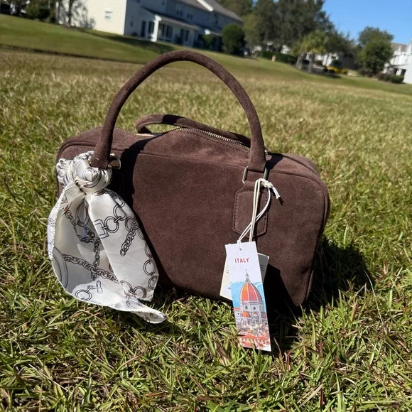 Isadora Brown Suede Handbag with Scarf Accent