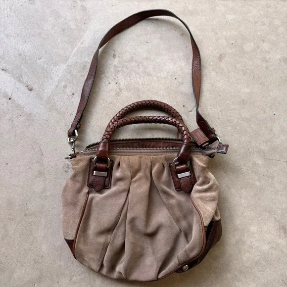 Banana Republic Suede Leather Satchel Bag Braided Handle Tan Brown Crossbody