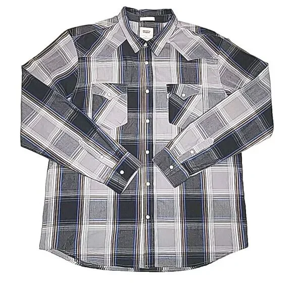 Levi's Shirt Western Cotton Pearl Snap Blue Gray Plaid Men Sz XL Standard Fit