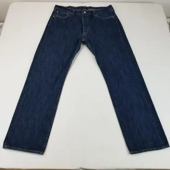 Levis 501 Jeans Mens 36x32 Blue Dark Wash Button Fly Straight Leg Denim Cotton