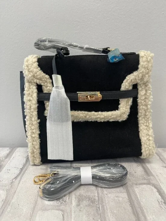 Badgley Mischka Suede & Faux Sherpa Crossbody Satchel in Black - BMH-515 - NWT