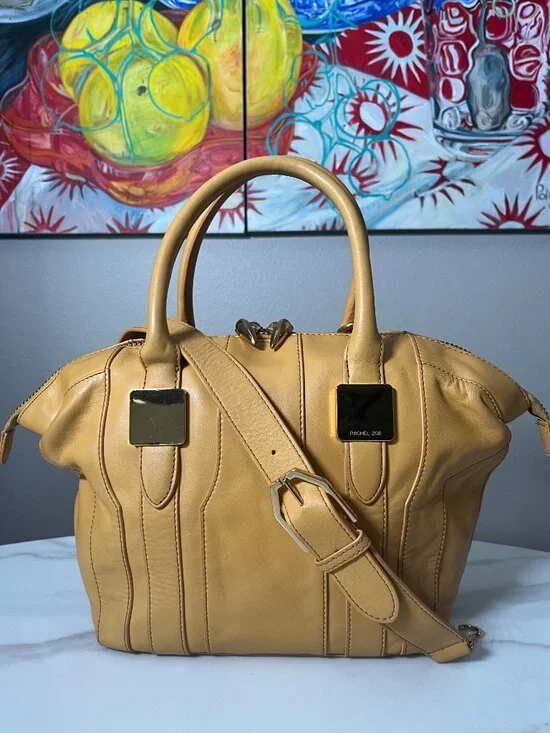Rachel Zoe Leather Camel Convertible Satchel Bowler Tote Shoulder Bag