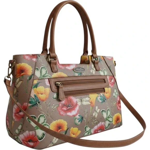 MultiSac Floral Butterfly Dragonfly Satchel Crossbody Handbag Tan Multi Pocket