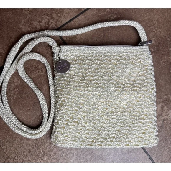 The Sak Ivory Cream Crochet Crossbody Bag Small Boho Purse Logo Charm